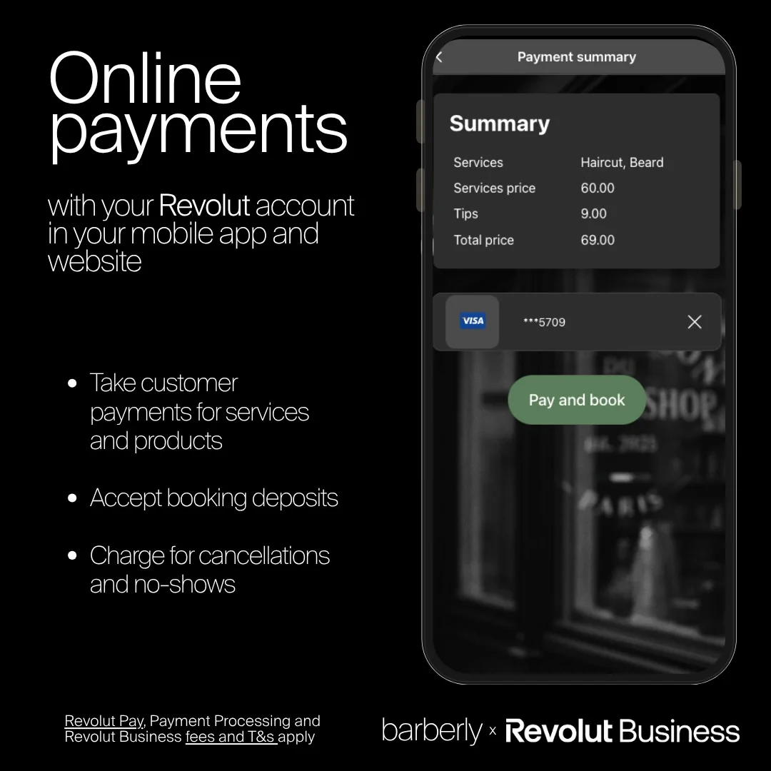 Application de réservation d'un barbershop encaissant un paiement par carte via Revolut